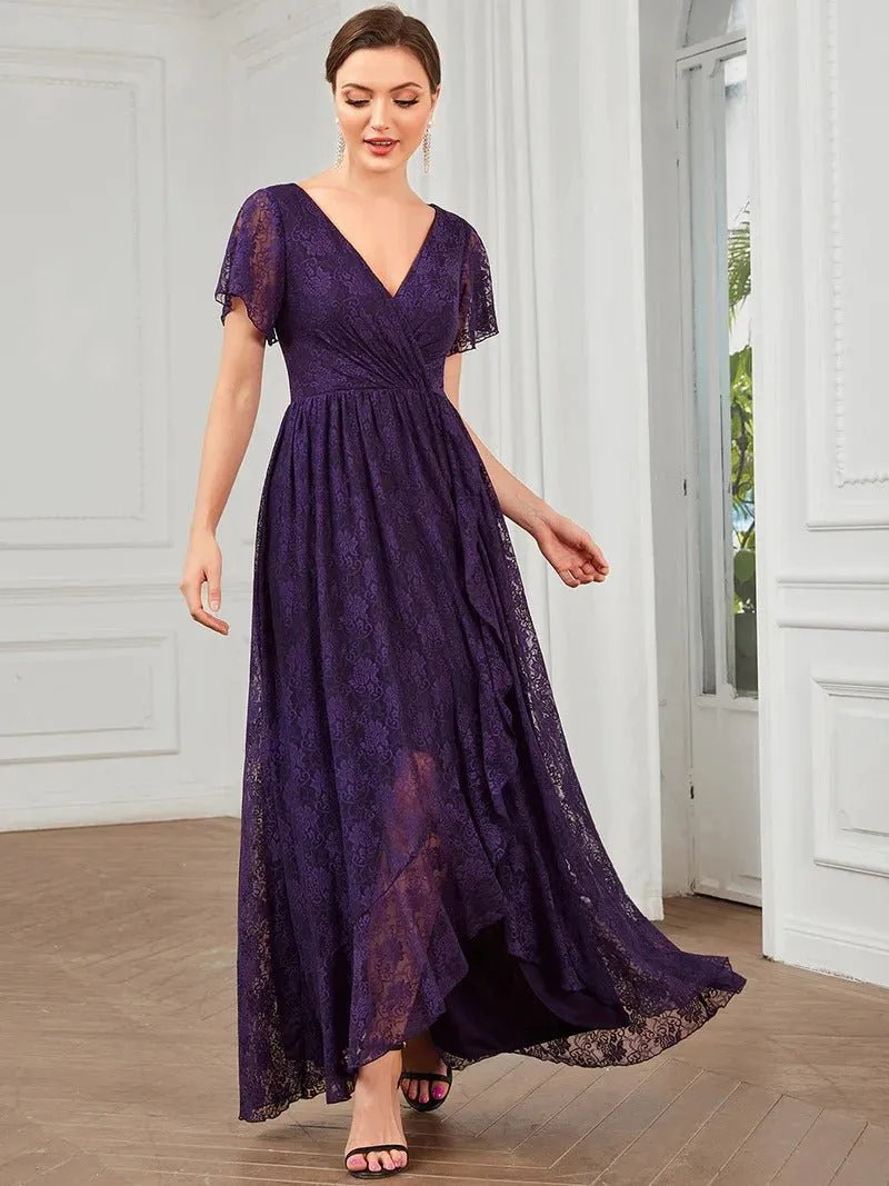 Deep V Neck Short See Through Sleeves A Line Bridesmaid Dress