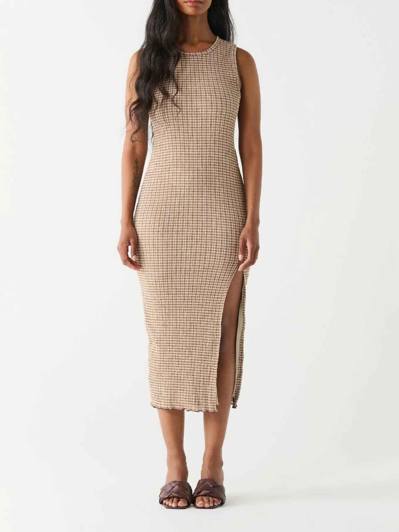 DEX Side Slit Gingham Midi Dress