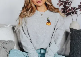 Embroidered Cat on a Pumpkin Classic Crew Neck Sweater