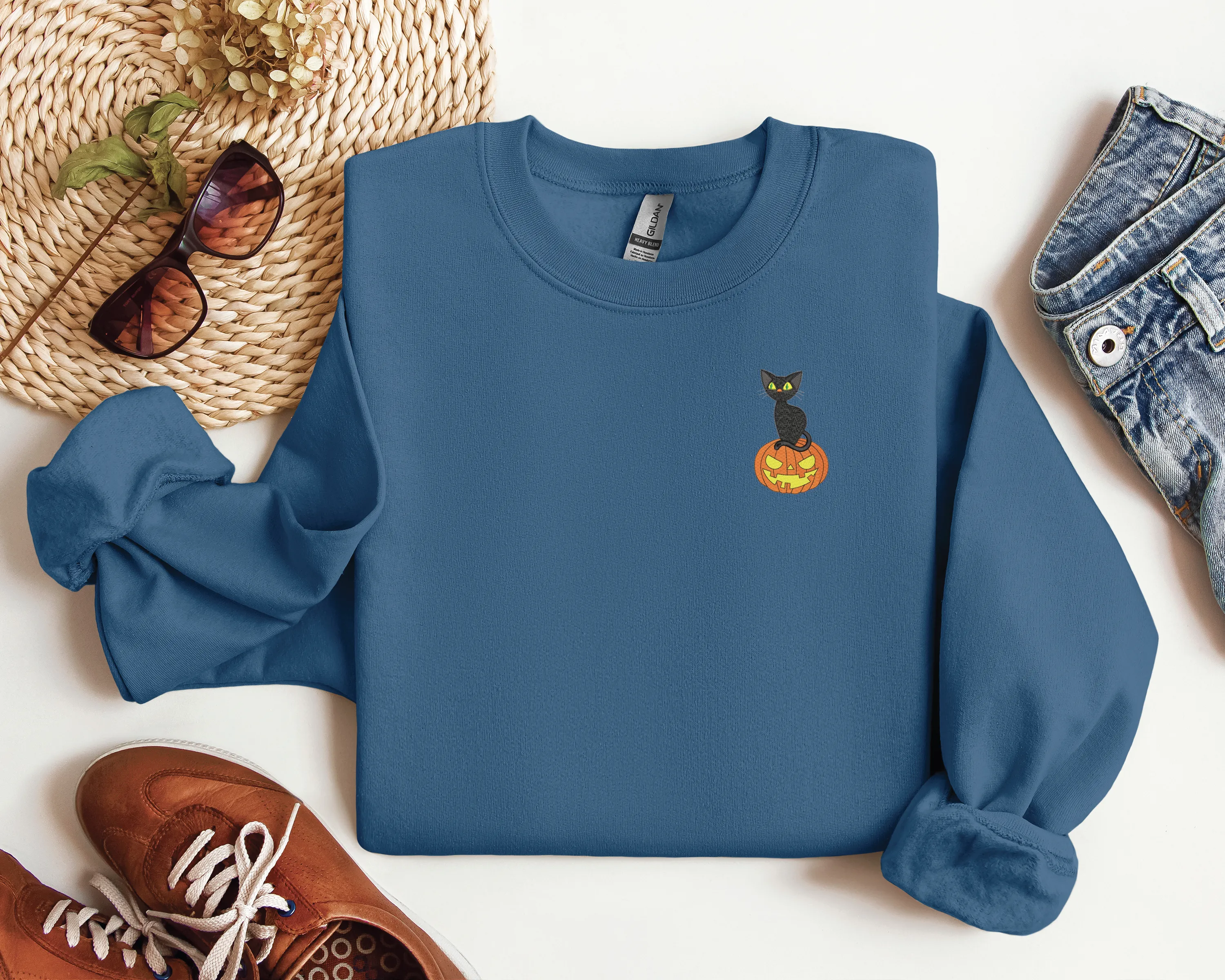 Embroidered Cat on a Pumpkin Classic Crew Neck Sweater