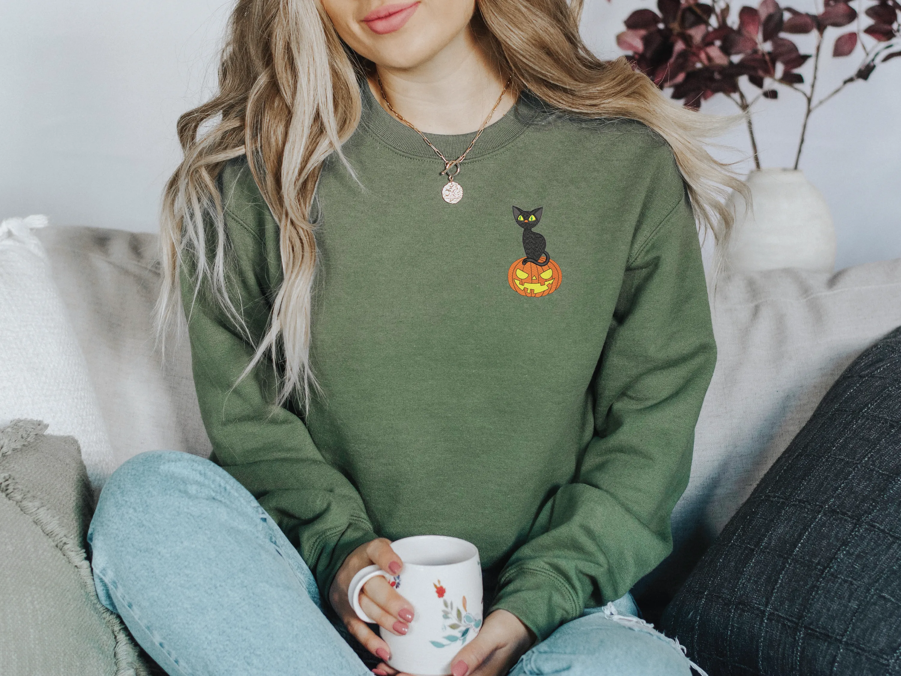 Embroidered Cat on a Pumpkin Classic Crew Neck Sweater