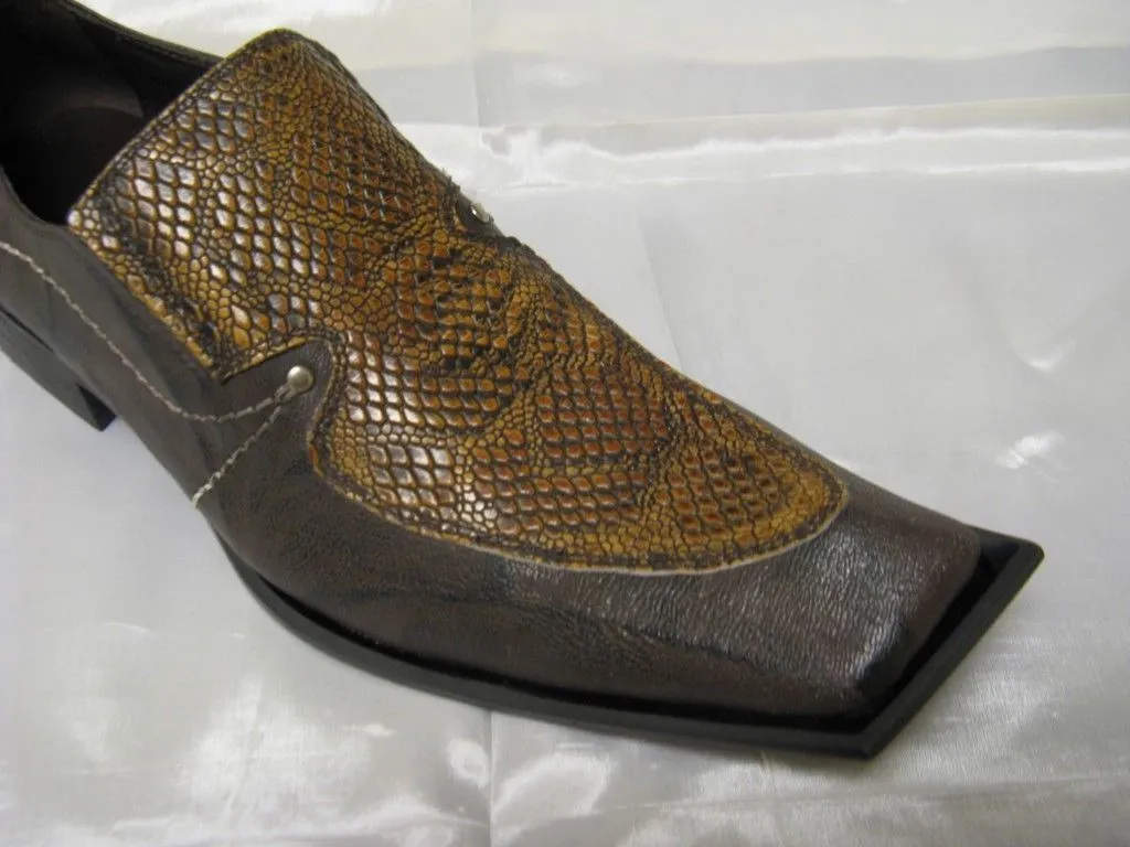 Fiesso New Brown Snake and Leather Print Shoes FI 6420