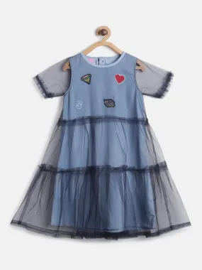 Girls Round Neck Navy Blue Regular Fit Denim Dress