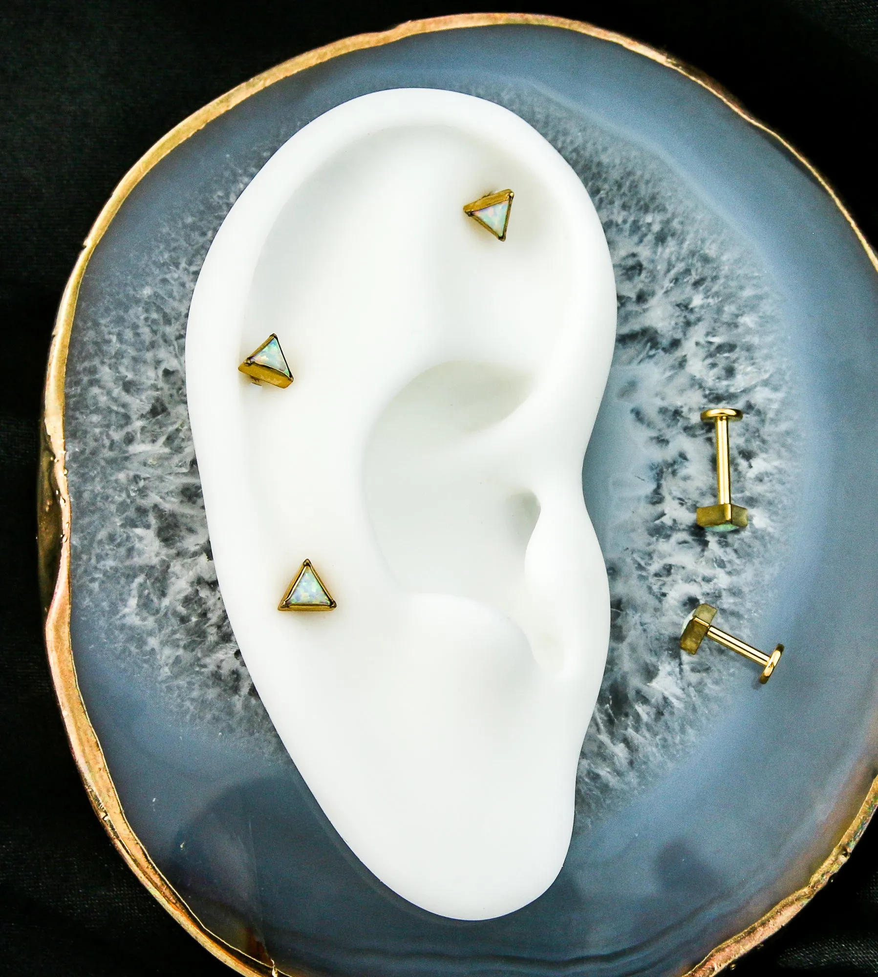 Gold PVD Triangle White Opalite Internally Threaded Titanium Labret