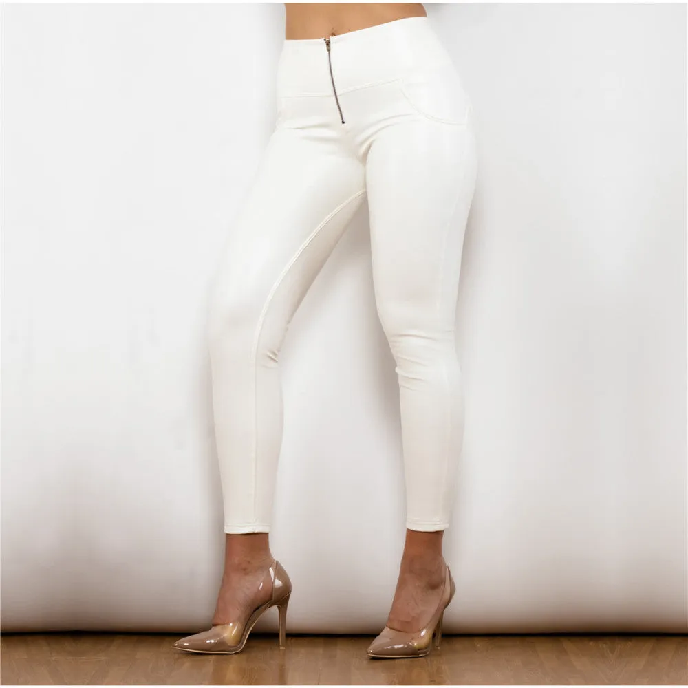 High Waist Shinning White Leather Leggings