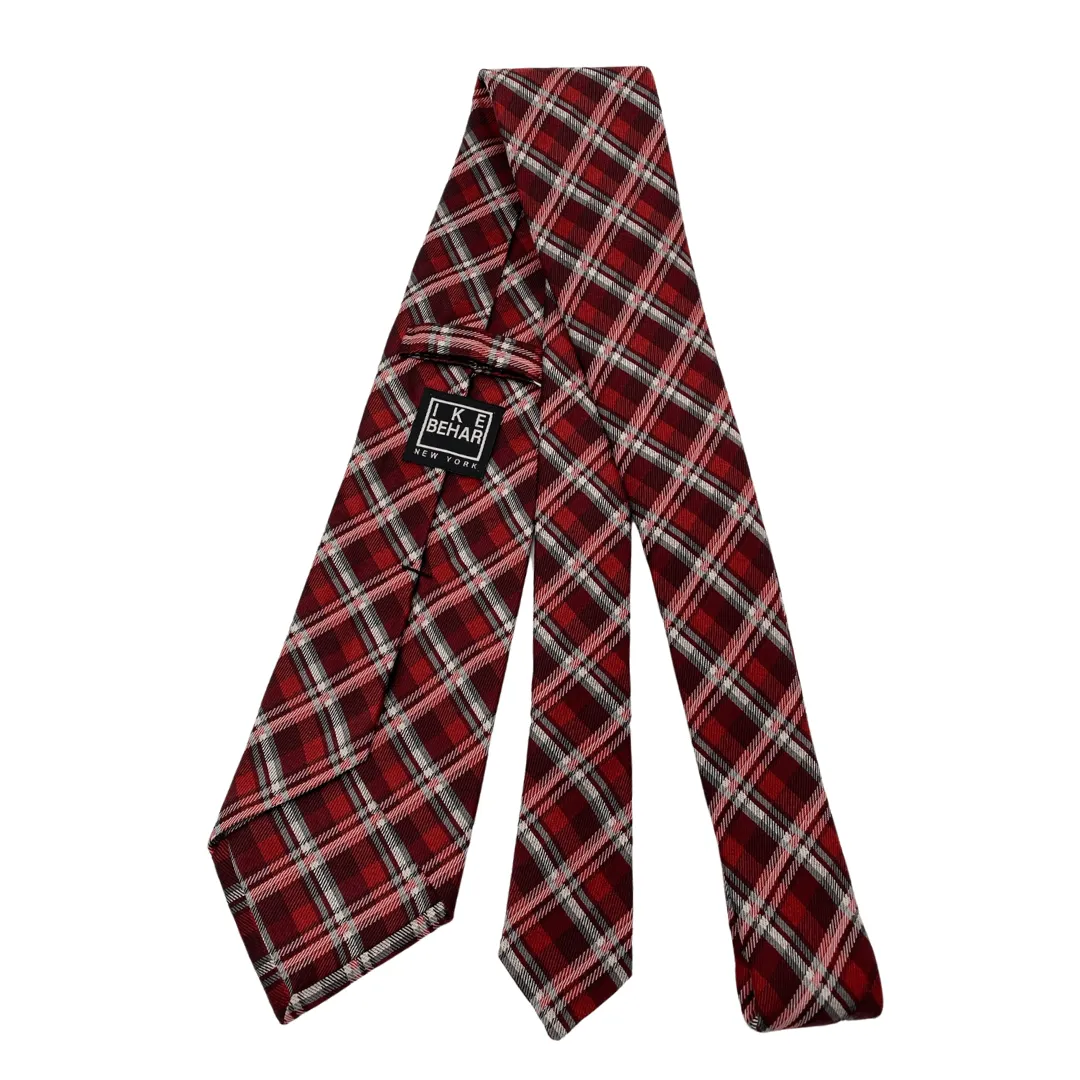 IKE BEHAR Diagonal Plaid Stripe Silk Tie - Burgundy & Red