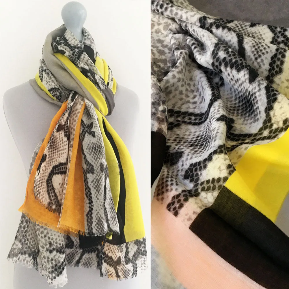 LONG MUSTARD YELLOW BLOCKS SNAKESKIN PRINT LIGHTWEIGHT SHAWL SCARF