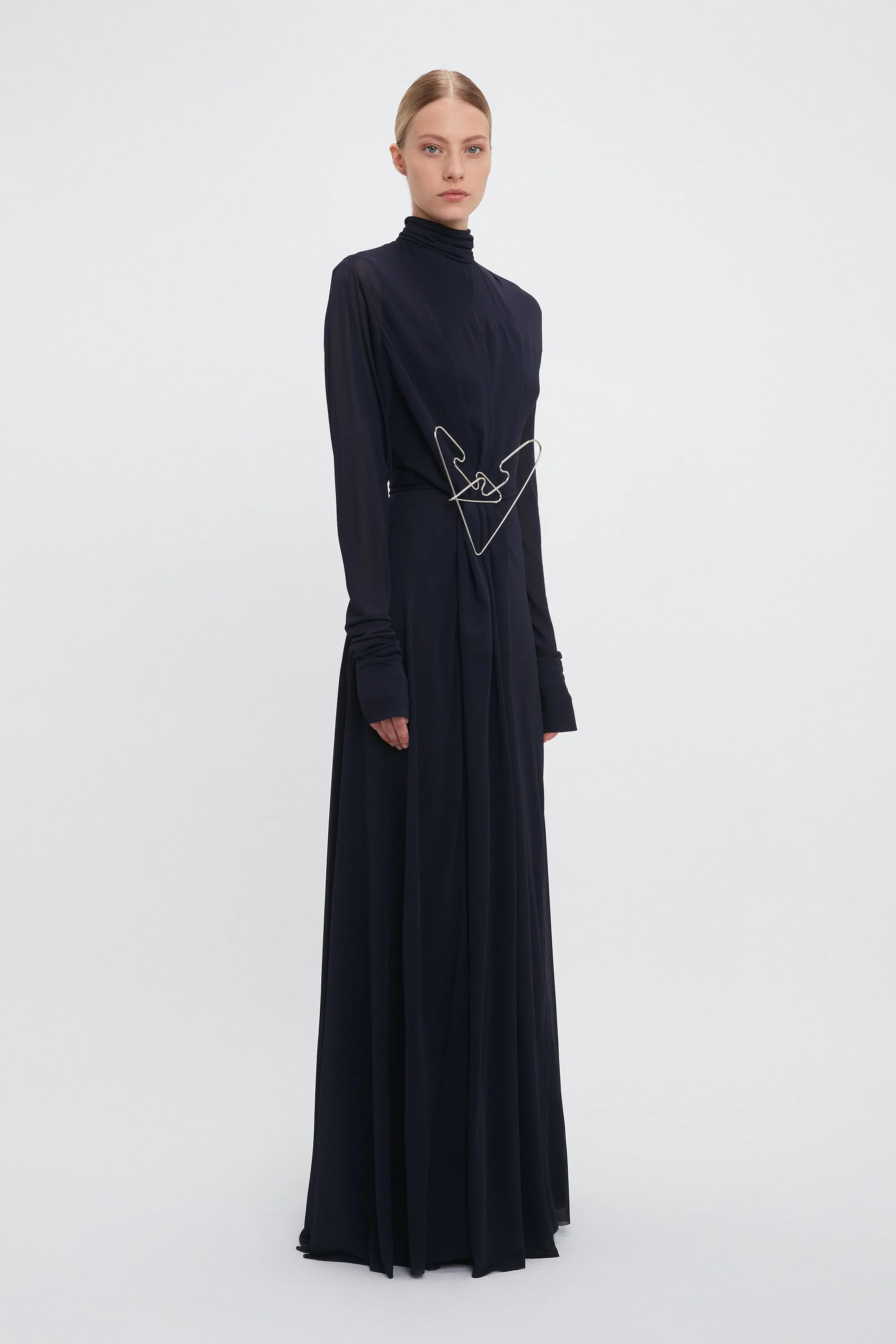 Long Sleeve Draped Jersey Floor-Length Gown In Ink Blue