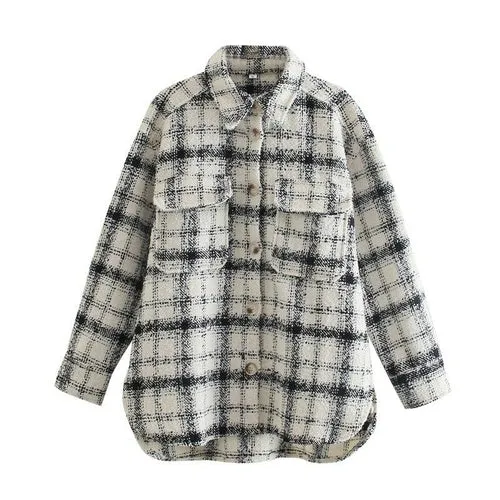 Loose Beige Plaid Tweed Shirt  Basic Oversized Jacket  Shirt Coat