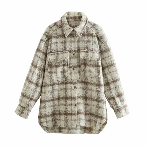 Loose Beige Plaid Tweed Shirt  Basic Oversized Jacket  Shirt Coat