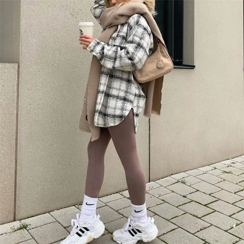 Loose Beige Plaid Tweed Shirt  Basic Oversized Jacket  Shirt Coat