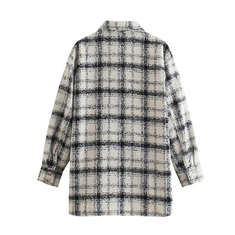 Loose Beige Plaid Tweed Shirt  Basic Oversized Jacket  Shirt Coat