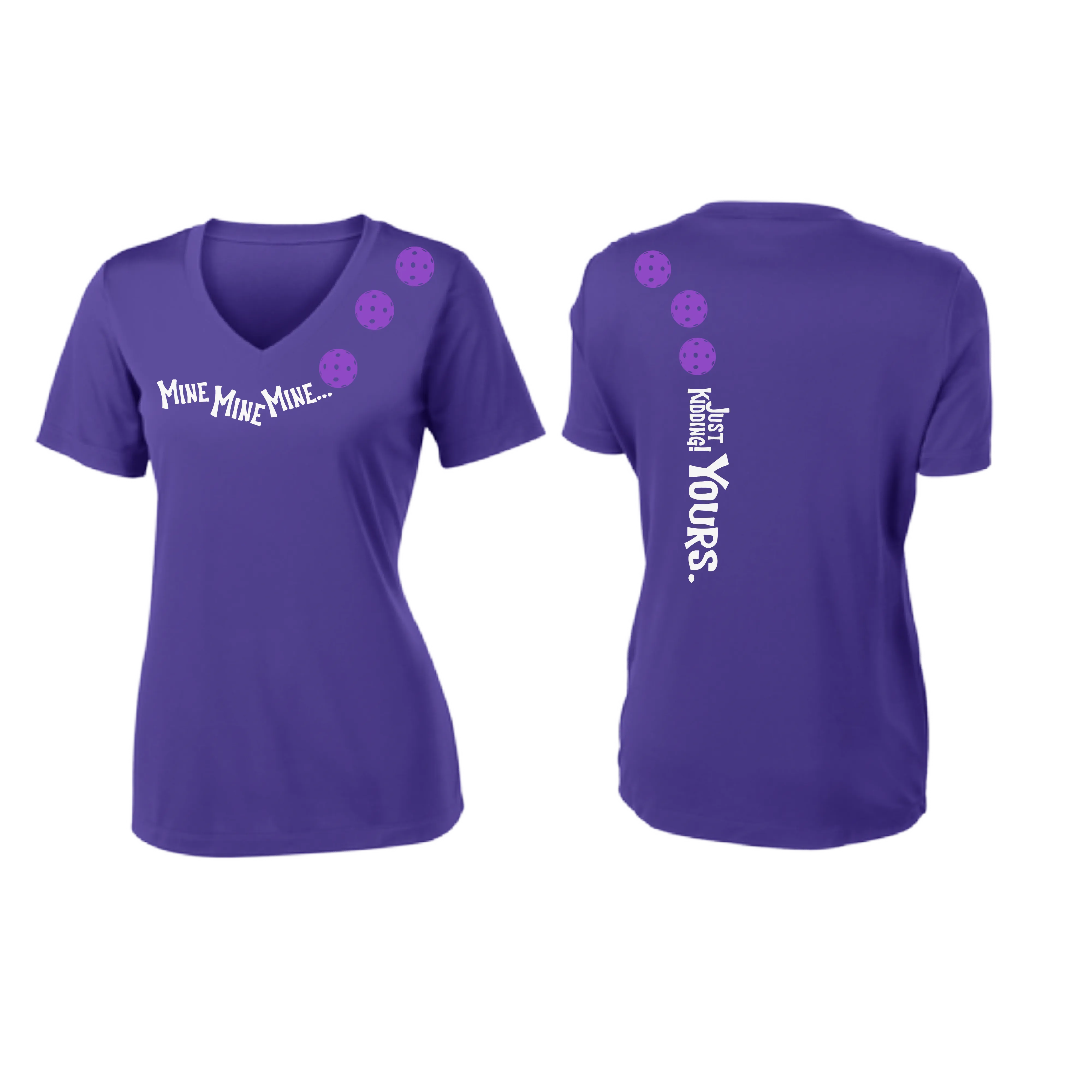 Mine JK Yours (Pickleball Colors Patriotic Stars White or Purple) | Women's Short Sleeve V-Neck Pickleball Shirts | 100% Polyester