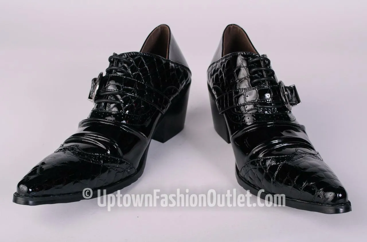 New Men's Fiesso Black Patent Leather Pointed Toe Dress Shoes w/Buckle FI 6729