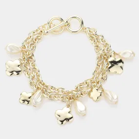 Peal Metal Quatrefoil Charm Layered Toggle Bracelet