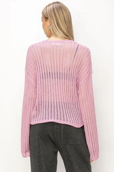 Pink Openwork Ribbed Long Sleeve Knit Top