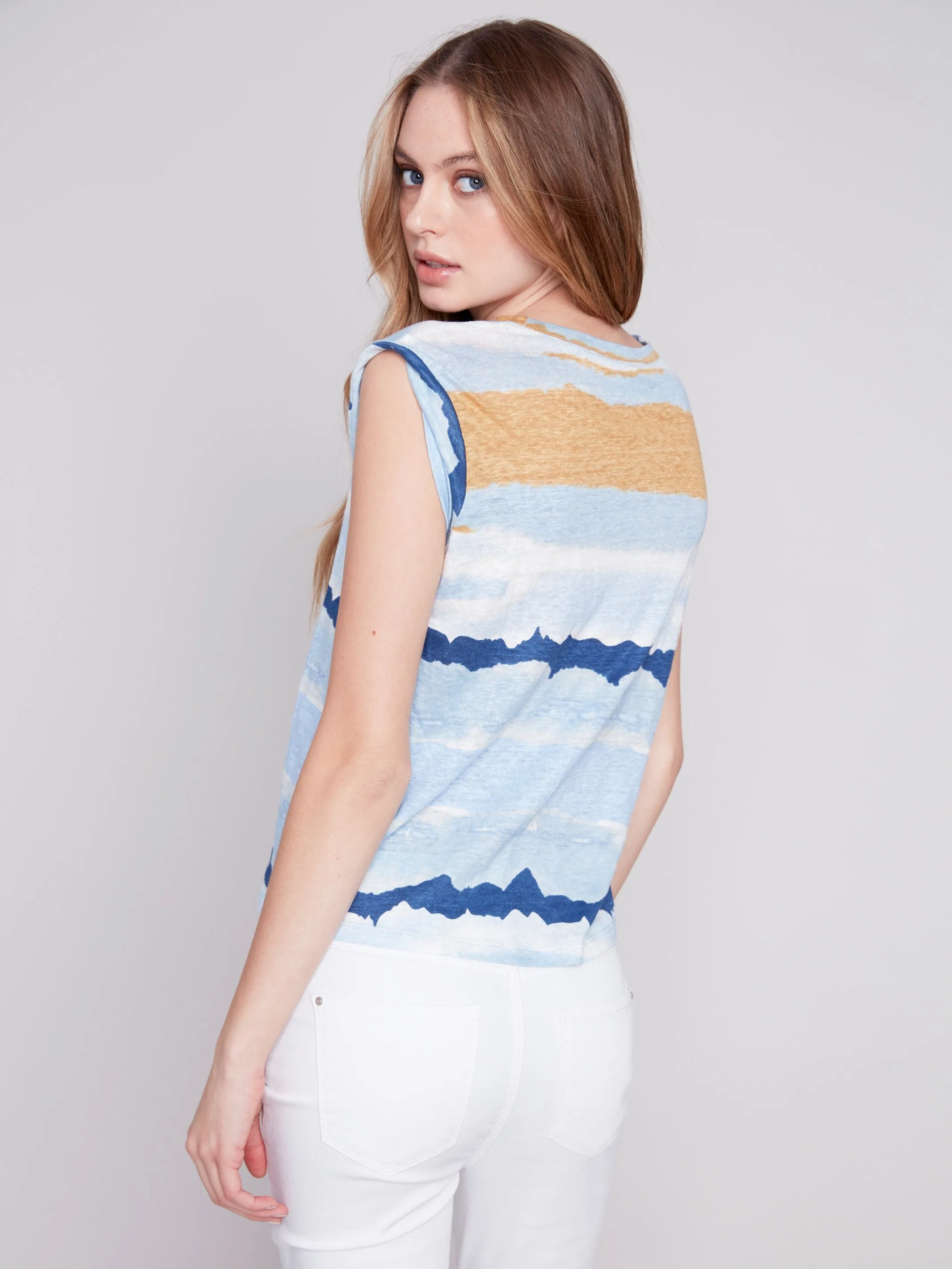 Printed Linen Tank Top with Sleeve Detail - Corn