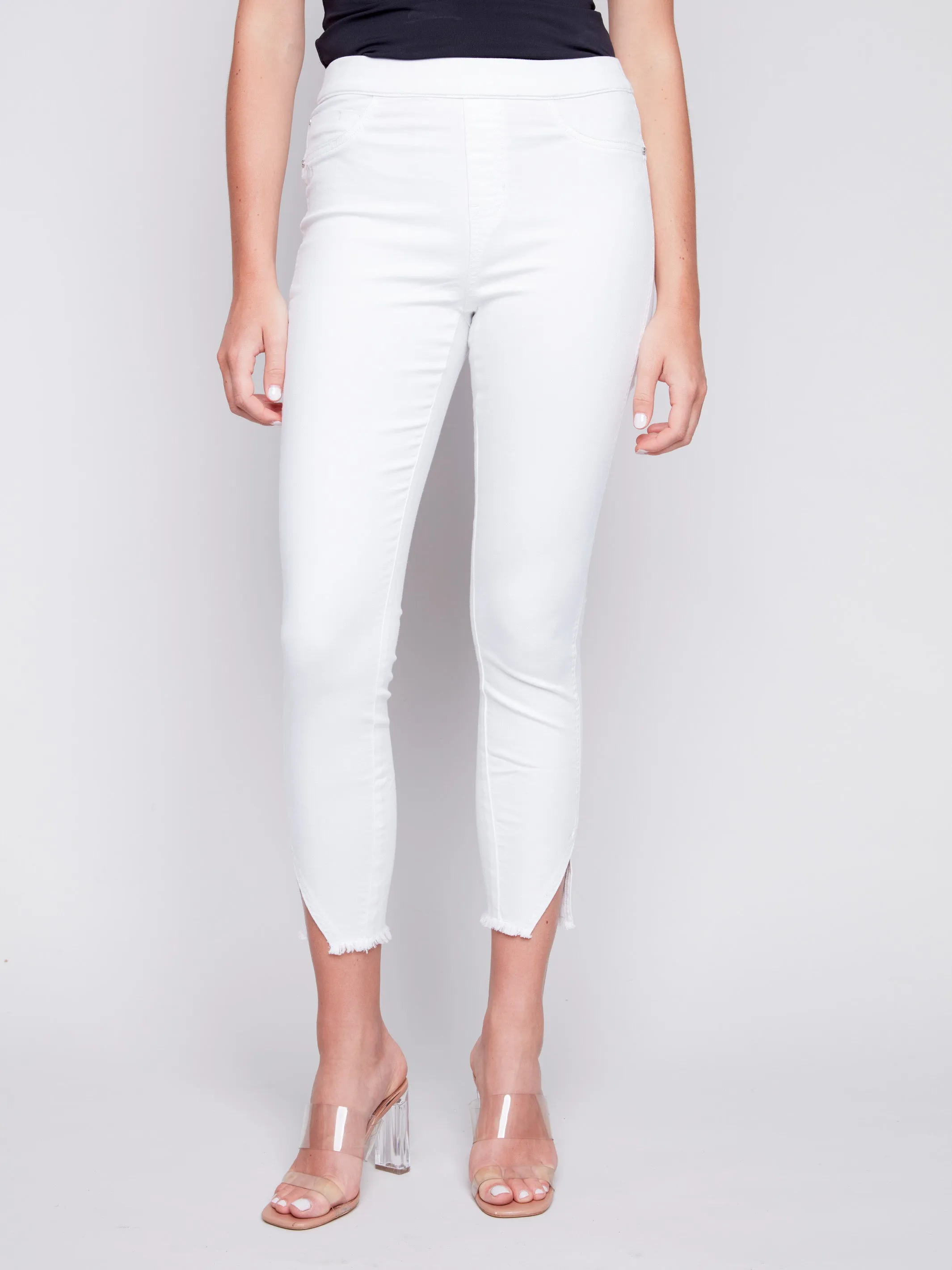 Pull-On Twill Pants with Split Hem - White