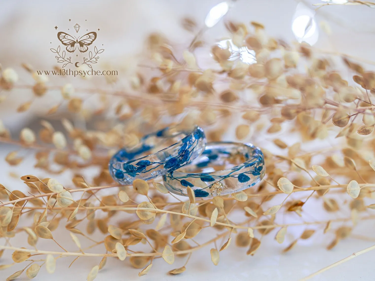 Real blue leaves resin ring with metal flakes