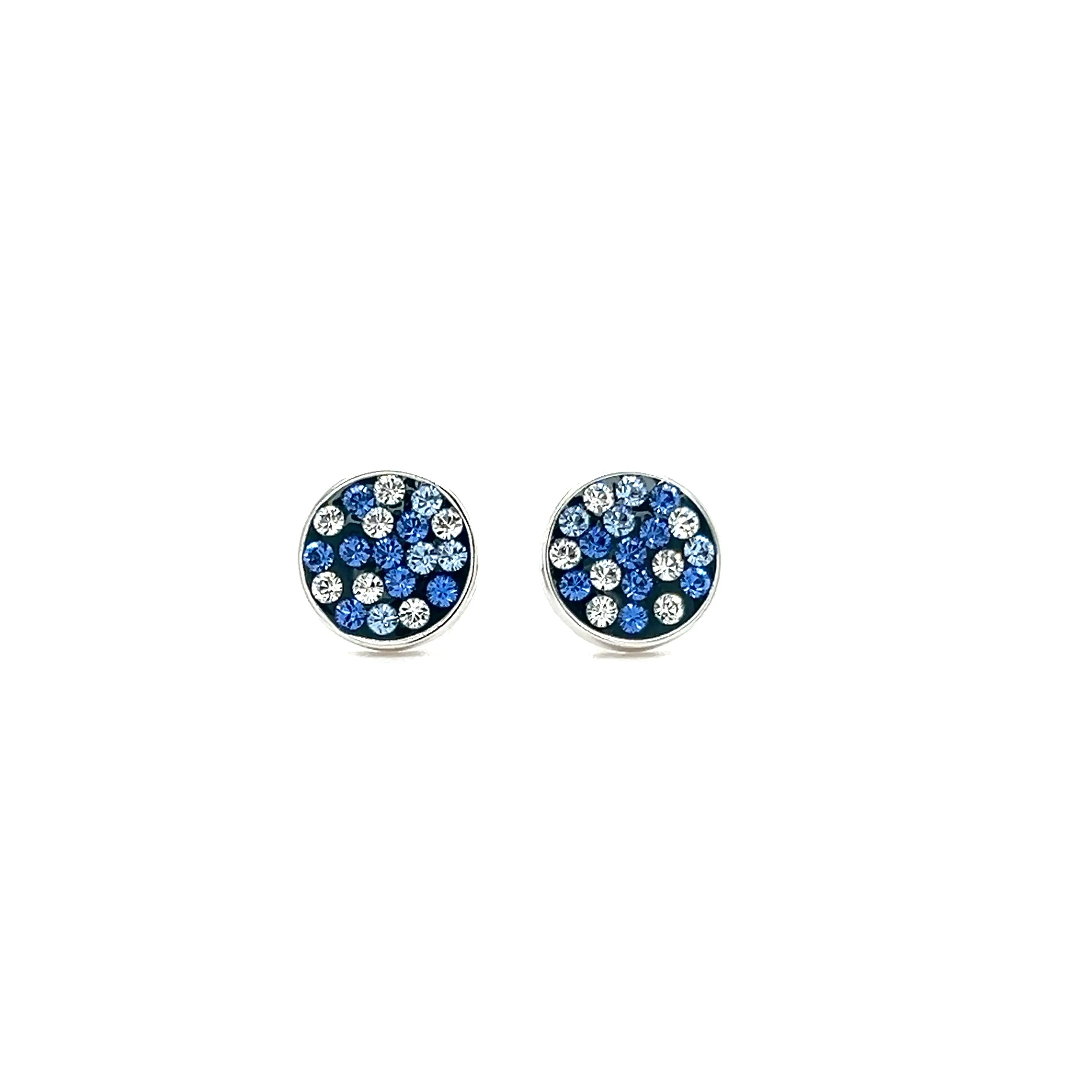 Round Blue Post Earrings with Blue and White Crystals in Sterling Silver