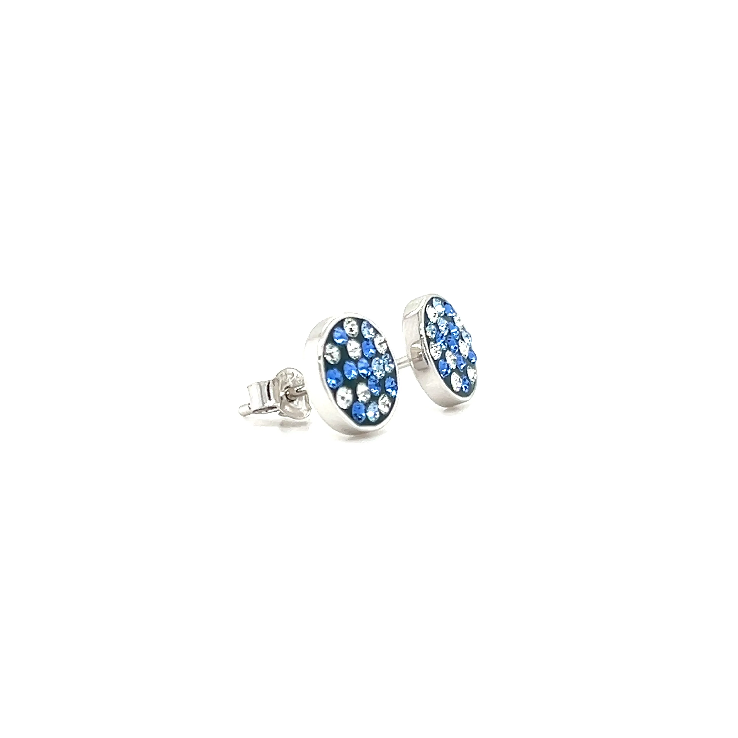 Round Blue Post Earrings with Blue and White Crystals in Sterling Silver