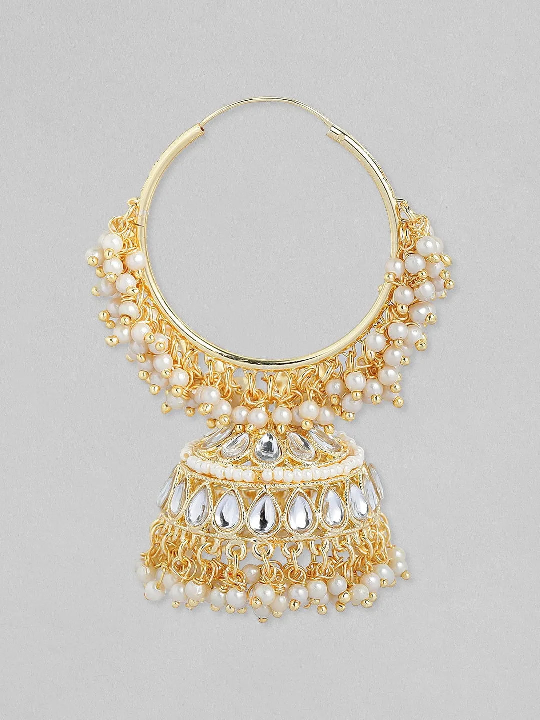 Rubans Gold Plated Handcrafted Kundan with White Pearls Jhumka Earrings