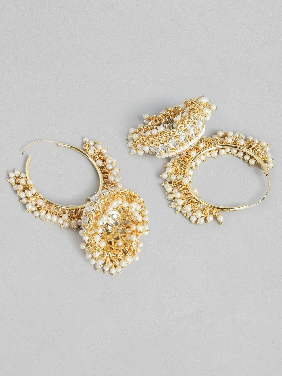 Rubans Gold Plated Handcrafted Kundan with White Pearls Jhumka Earrings