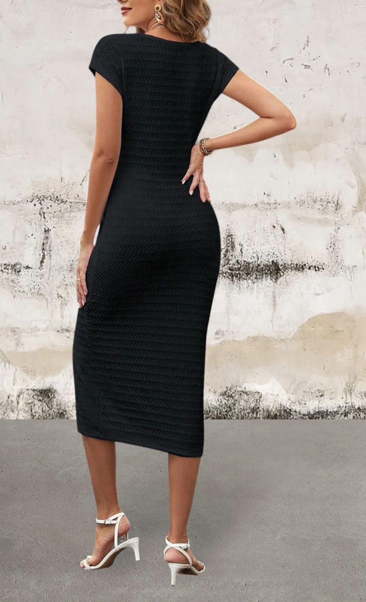 Short Sleeve Twist Front Split Midi Dress