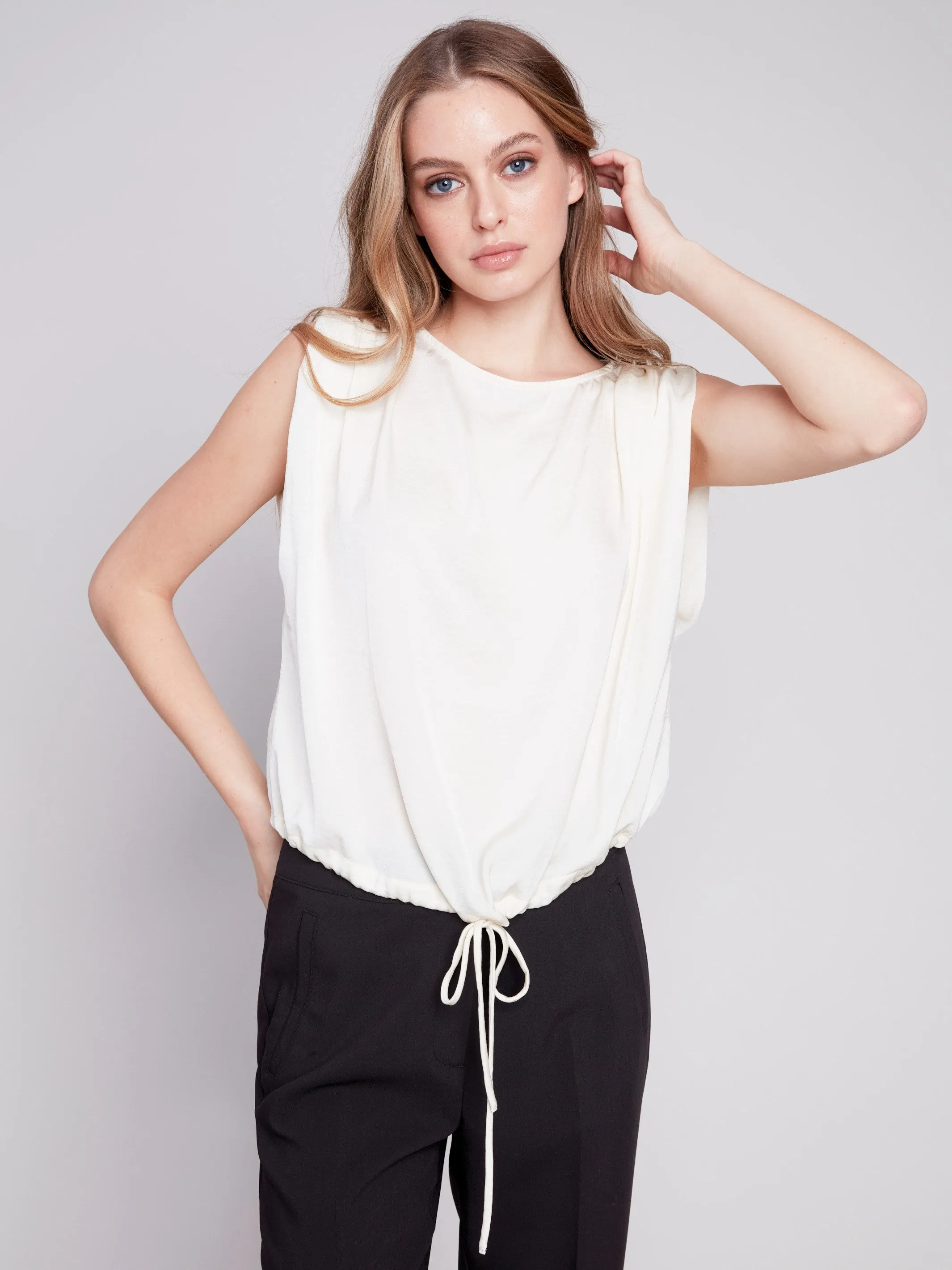 Sleeveless Satin Top with Drawstring - Natural