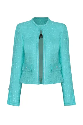 Turquoise Plain Tweed Short Jacket with Fringe Edging - Carrie